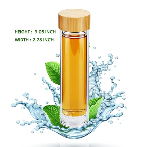 15oz Double Wall Glass Water Bottle with Bamboo Lid and Tea Infuser – Insulated, Leak-Proof, and Eco-Friendly Travel Tea Mug with Filter for Hot or Cold Beverages
