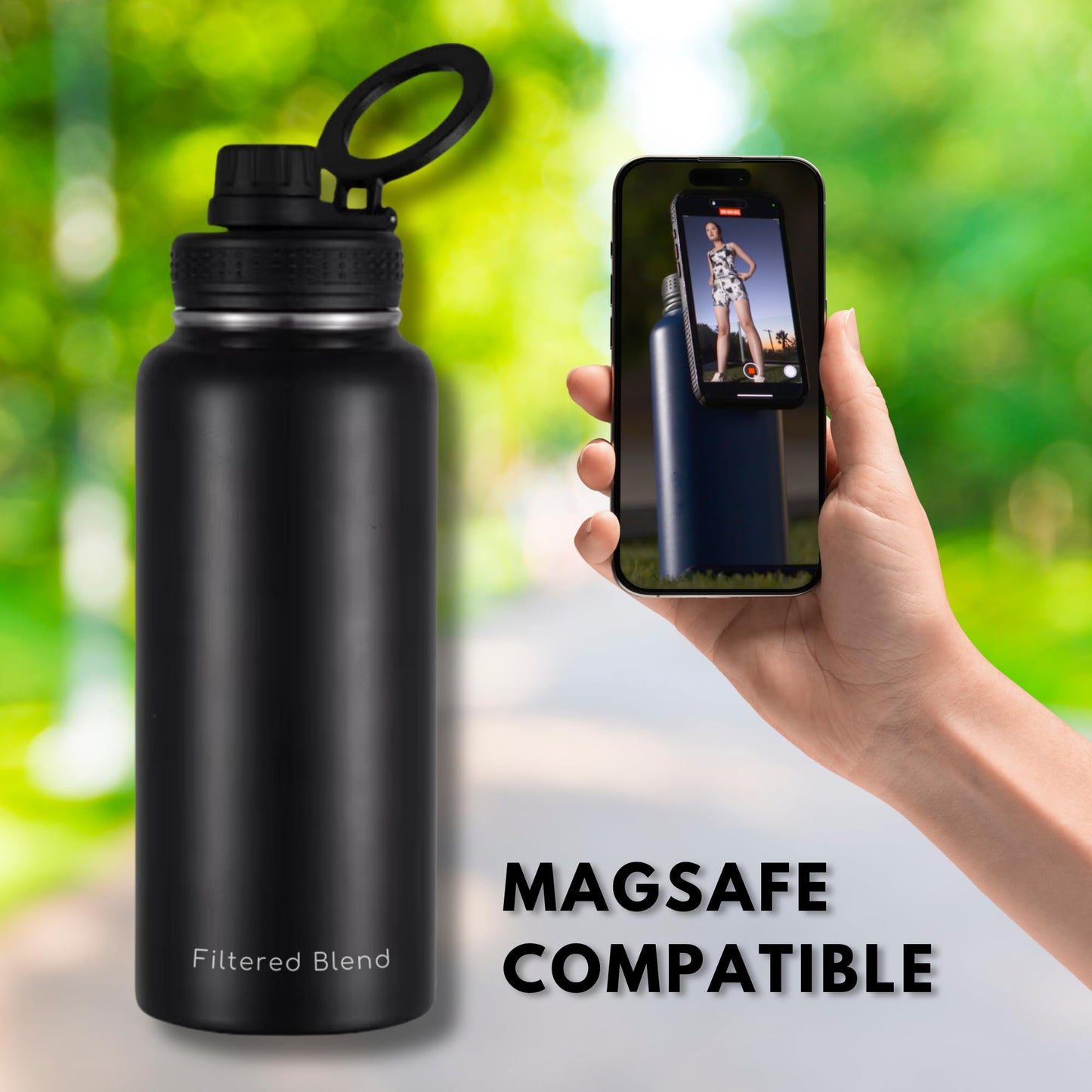 32 Oz Stainless Steel Water Bottle Compatible with Magsafe Magnetic Phone Tripod Ring 360° Rotating Lid