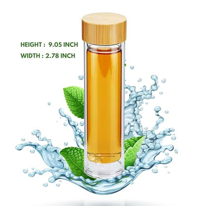 15oz Double Wall Glass Water Bottle with Bamboo Lid and Tea Infuser – Insulated, Leak-Proof, and Eco-Friendly Travel Tea Mug with Filter for Hot or Cold Beverages