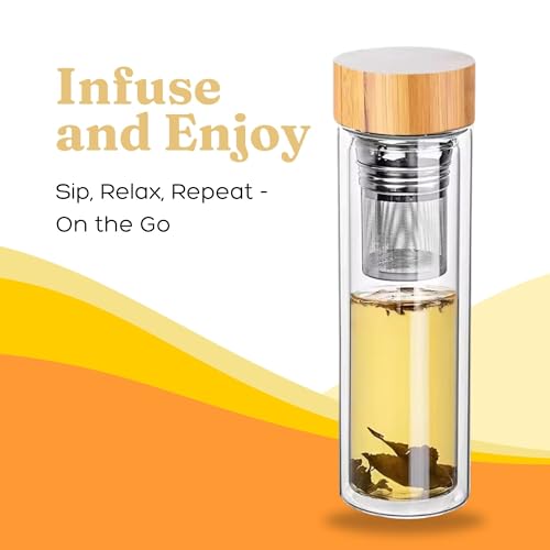 15oz Double Wall Glass Water Bottle with Bamboo Lid and Tea Infuser – Insulated, Leak-Proof, and Eco-Friendly Travel Tea Mug with Filter for Hot or Cold Beverages