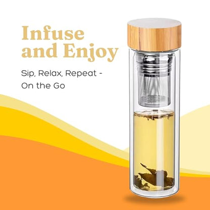 15oz Double Wall Glass Water Bottle with Bamboo Lid and Tea Infuser – Insulated, Leak-Proof, and Eco-Friendly Travel Tea Mug with Filter for Hot or Cold Beverages