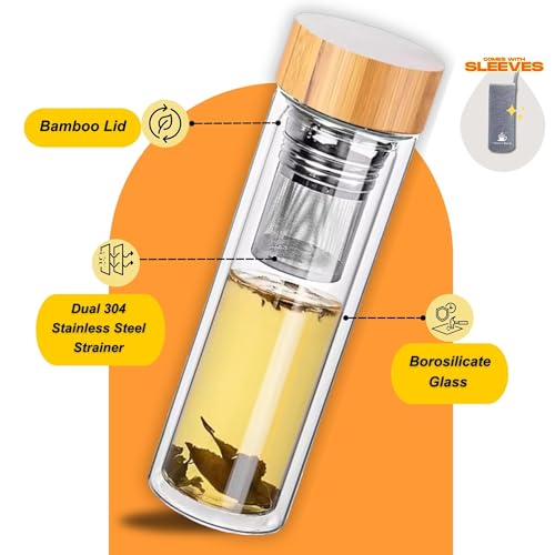 15oz Double Wall Glass Water Bottle with Bamboo Lid and Tea Infuser – Insulated, Leak-Proof, and Eco-Friendly Travel Tea Mug with Filter for Hot or Cold Beverages