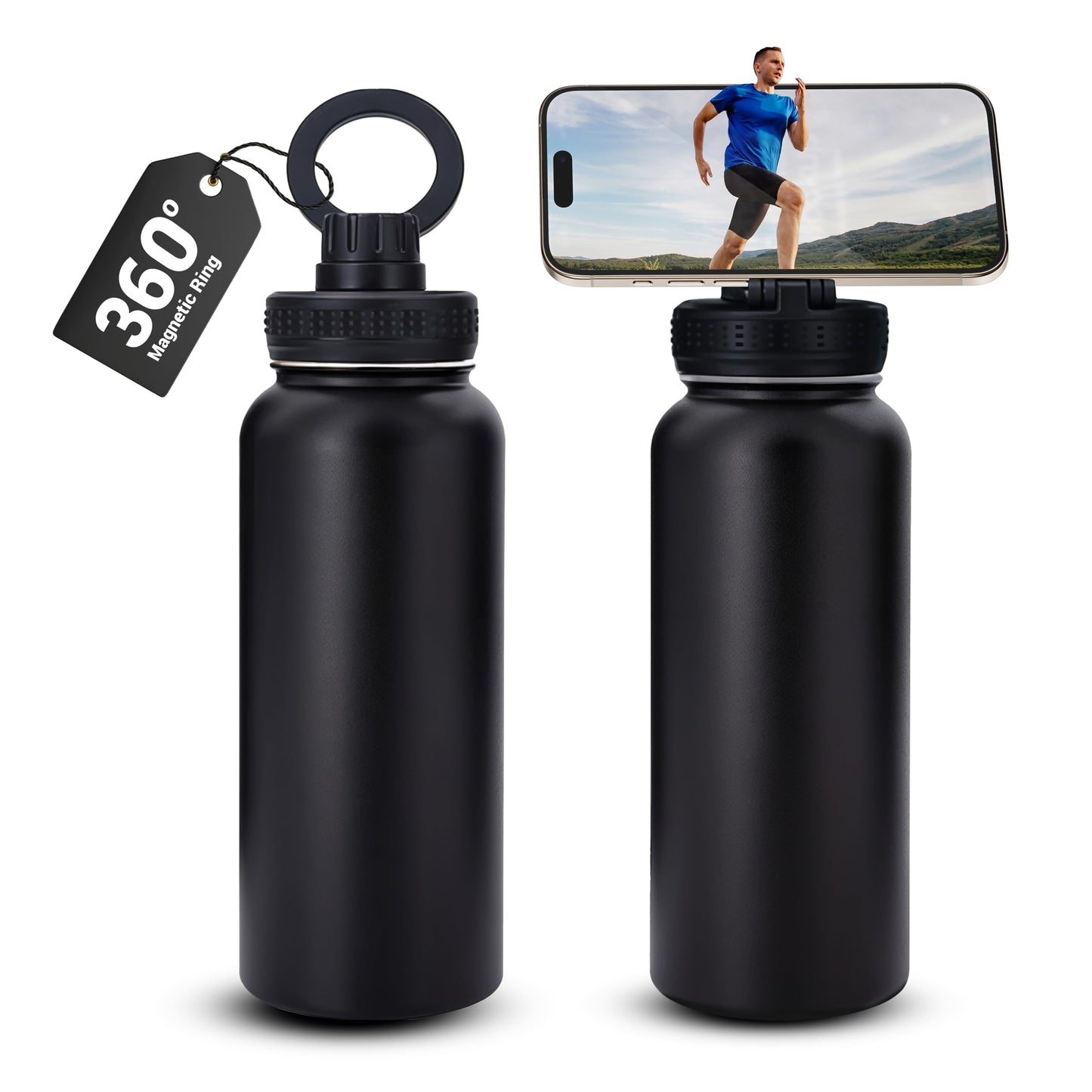32 Oz Stainless Steel Water Bottle Compatible with Magsafe Magnetic Phone Tripod Ring 360° Rotating Lid