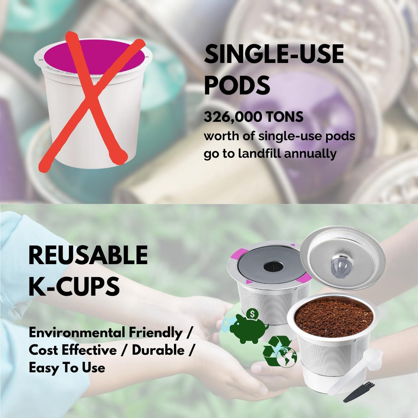 Stainless Steel Reusable K Cups with Brush and Spoon for K 1.0 & 2.0