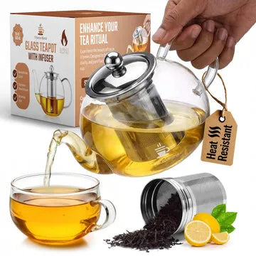 20 Oz (600 Ml) Clear Borosilicate Glass Stovetop Tea Pot Set with Infuser