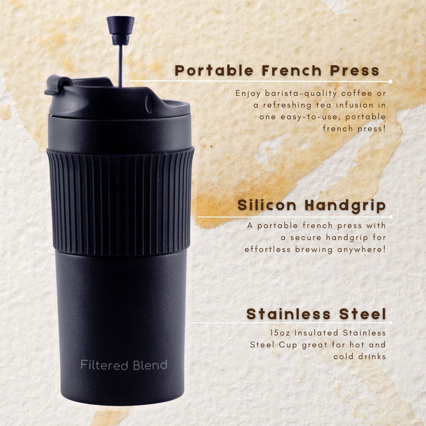 15 Oz Double Wall Stainless Steel Insulated French Press Coffee and Tea Maker